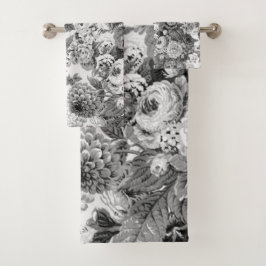 Black White Peony Dahlias Floral Toile Bad Handdoek