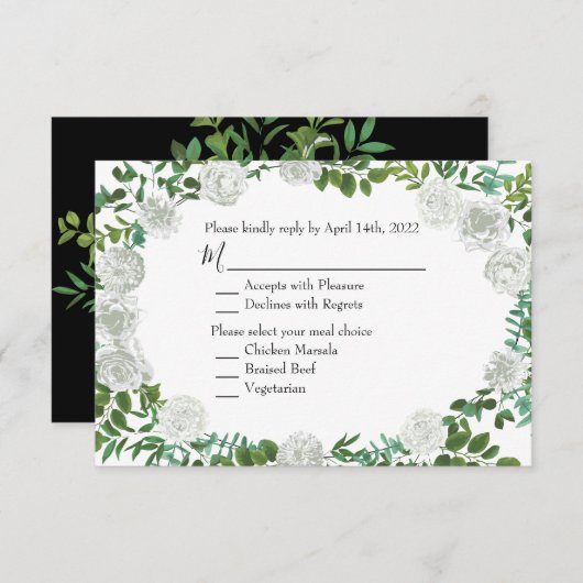 Black & White Peony Roos Invitation Reply Kaart (Voorkant / Achterkant)