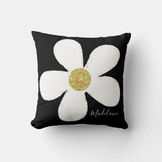 Black White Personal Simple Daisy Pattern Gold Kussen (Voorkant)