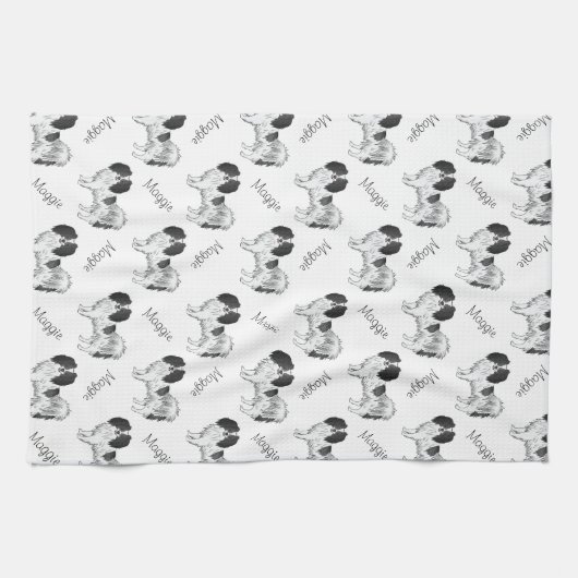 Black White Phalène Dog Pattern with Dog Name Theedoek (Horizontaal)