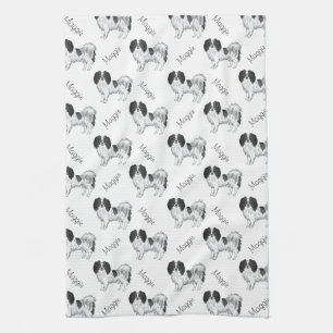 Black White Phalène Dog Pattern with Dog Name Theedoek