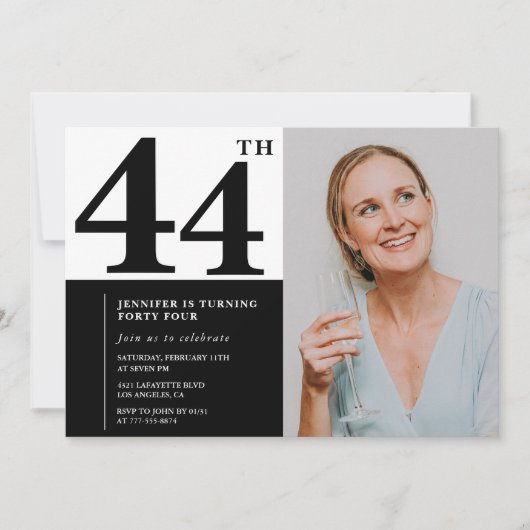 Black White Photo 44th Birthday Invitations (Devant)