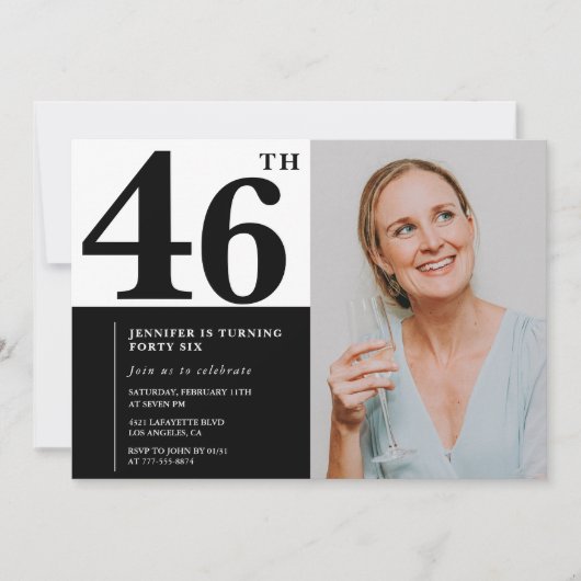 Black White Photo 46e anniversaire Invitations (Devant)