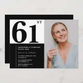 Black White Photo 61st Birthday Invitations (Devant / Derrière)
