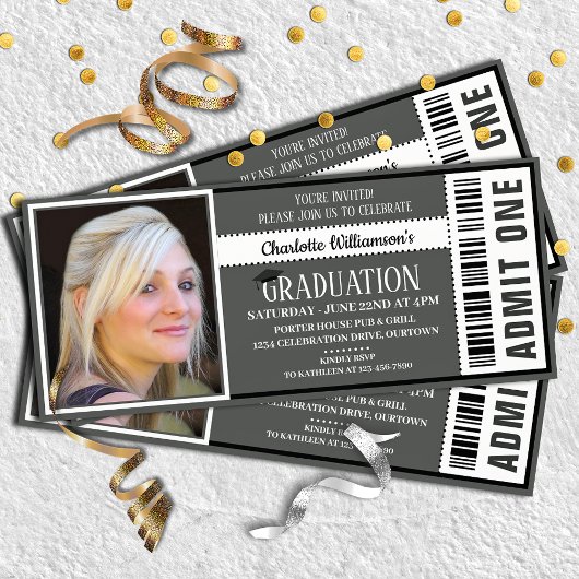 Black|White Photo Ticket Graduparty Kaart