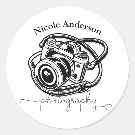 Black White Photography Camera Logo Graphic Ronde Sticker (Voorkant)