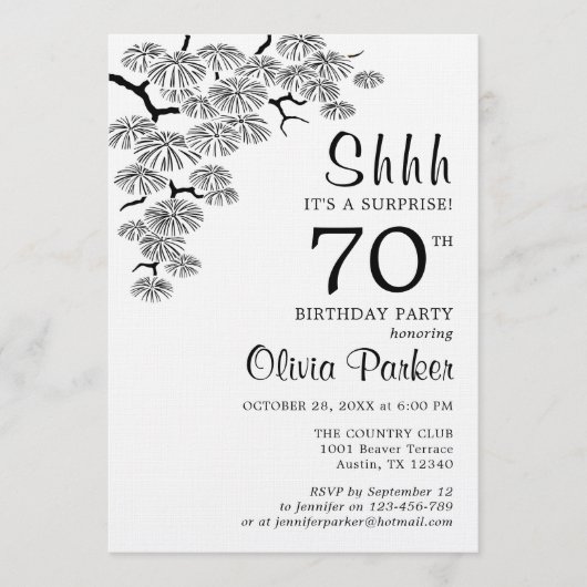 Black White Pine Branch Surprise 70th Birthday Kaart (Voorkant)