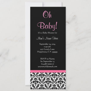 Black White Pink Feathered Damask Baby shower Kaart