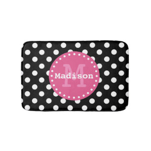 Black White Pink Polka Dots Monogram Badmat