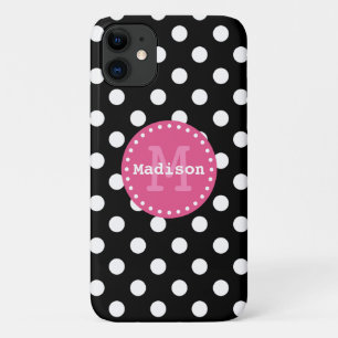 Black White Pink Polka Dots Monogram iPhone 11 Hoesje