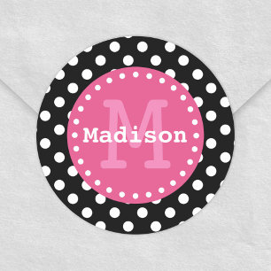 Black White Pink Polka Dots Monogram Ronde Sticker