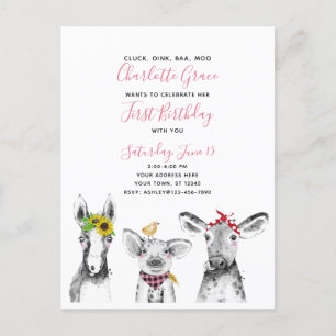Black White Pink Script Boerderij Birthday Invitat Uitnodiging Briefkaart