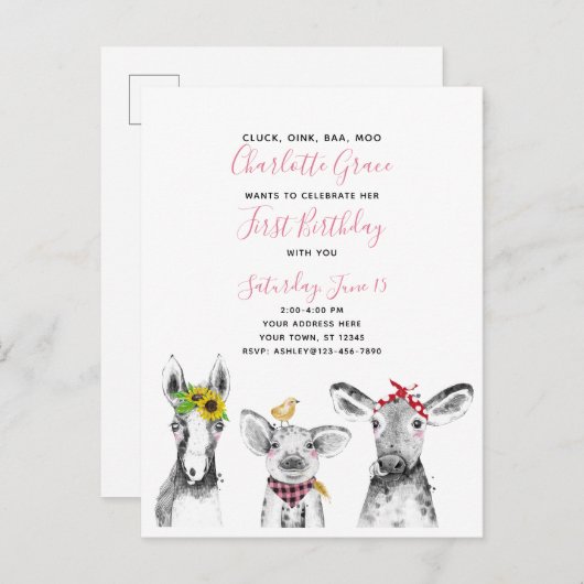 Black White Pink Script Farm Invitation Anniversai (Devant / Derrière)