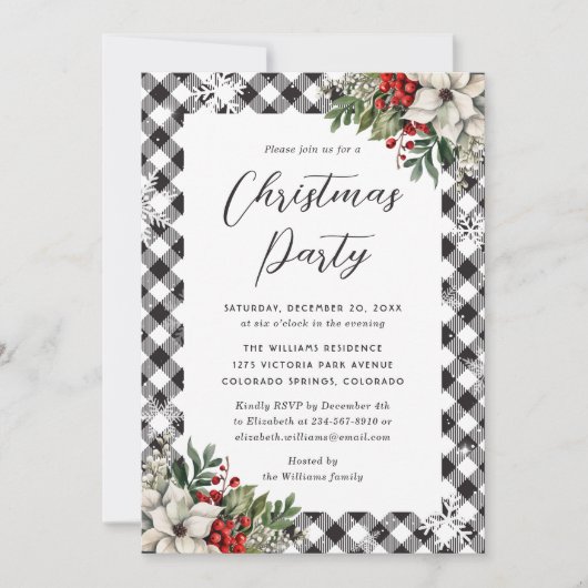 Black White Plaid Botanical Christmas Party Kaart (Voorkant)