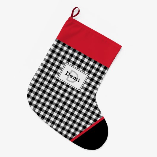 Black & White Plaid Toe Trim Monogram Grote Kerstsok (Voorkant (Hangend))