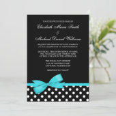 Black White Polka Dot Blauwgroen Faux Bow Weddensc Kaart (Staand voorkant)