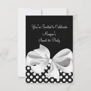 Black White Polka Dot Ribbon Sweet 16 Uitnodiging