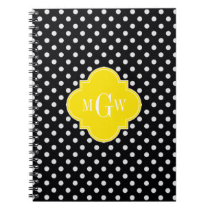 Black White Polka Dot Yellow Quatrefoil 3 Monogram Notitieboek