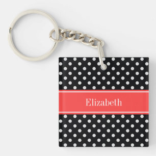 Black White Polka Dots Coral Red Name Monogram Sleutelhanger