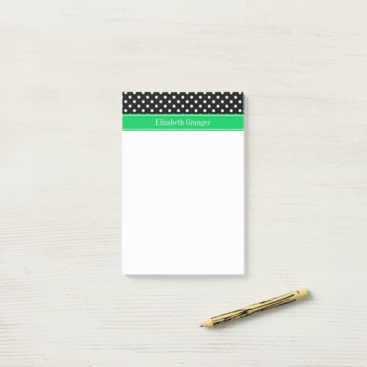 Black White Polka Dots Emerald Name Monogram Post-it® Notes (Op bureau)