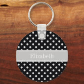 Black White Polka Dots Grey Name Monogram Sleutelhanger (Voorkant)
