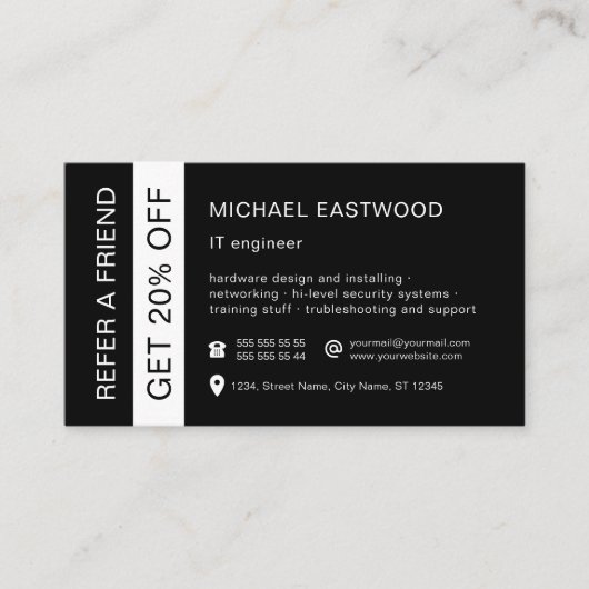 Black White Professional 2-in-1 bedrijf en Aanbevelingskaartje (Voorkant)