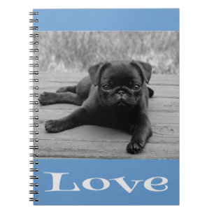 Black & White Pug Puppy Dog Blue Love Notebook Notitieboek