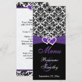 Black, White, Purple Damask, Hearts Mariage Menu (Devant / Derrière)