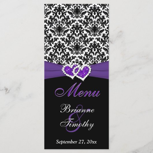 Black, White, Purple Damask, Hearts Mariage Menu (Devant)