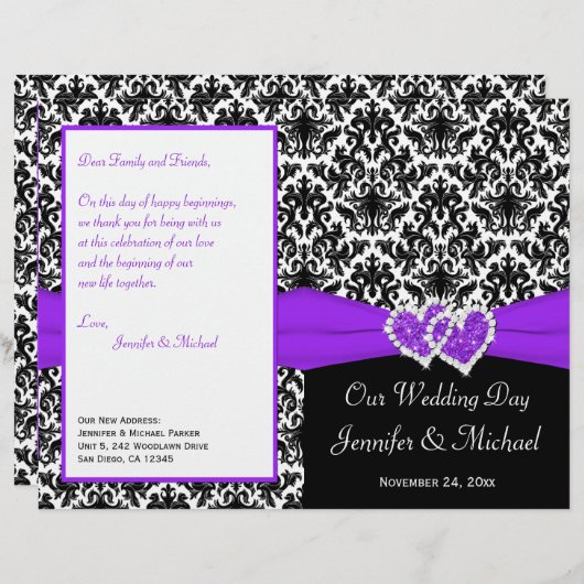 Black White Purple Damask Hearts Programme de mari (Devant / Derrière)