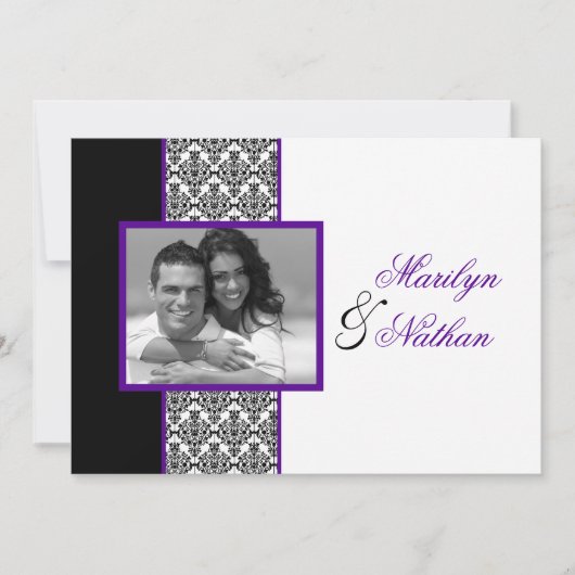 Black White Purple Damask Photo Mariage Invitation (Devant)
