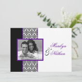 Black White Purple Damask Photo Mariage Invitation (Debout devant)