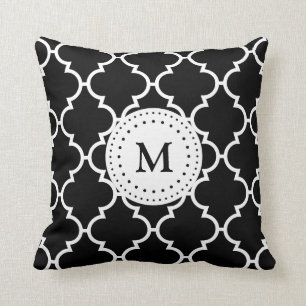 Black White Quatrefoil Pattern Monogramed Pillow Kussen