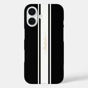 Black White Racing Stripes Gold Monogrammed Chic iPhone 16 Hoesje