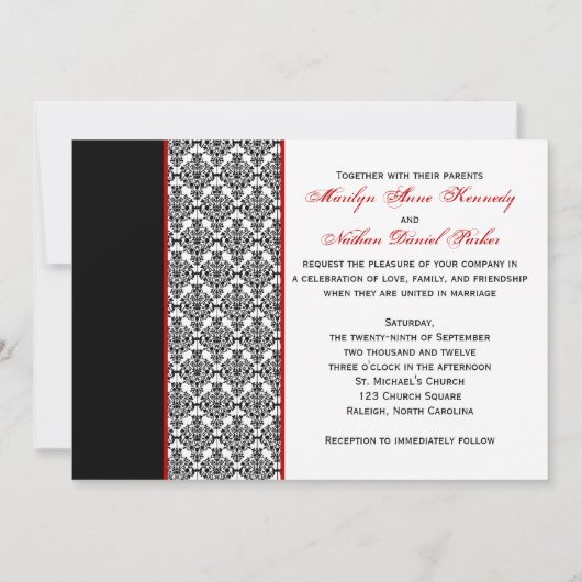 Black White Red Damask Foto Weddenschap Invite Kaart (Achterkant)