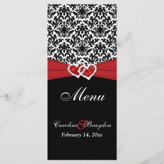 Black White Red Damask, Hearts Mariage Menu (Devant)