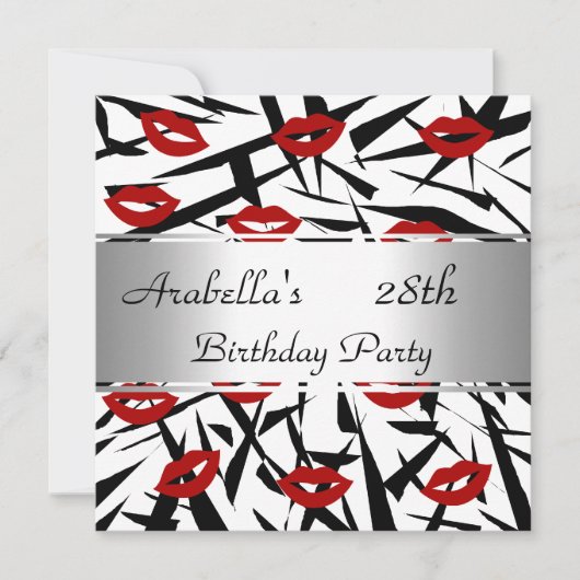 Black White Red Lips Invitation fête d'anniversair (Devant)