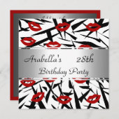 Black White Red Lips nodigen Birthday Party uit Kaart (Voorkant / Achterkant)