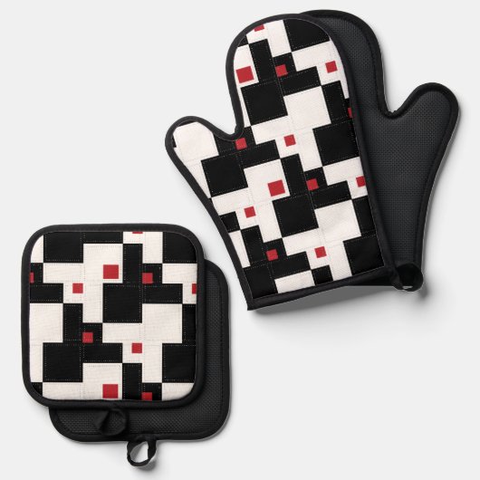 Black White Red Modern  patchwork Ovenwant & Pannenlap Set (Voorkant / Achterkant)