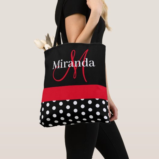 Black White Red Monogram Script Polka Dots Draagtas (Dichtbij)