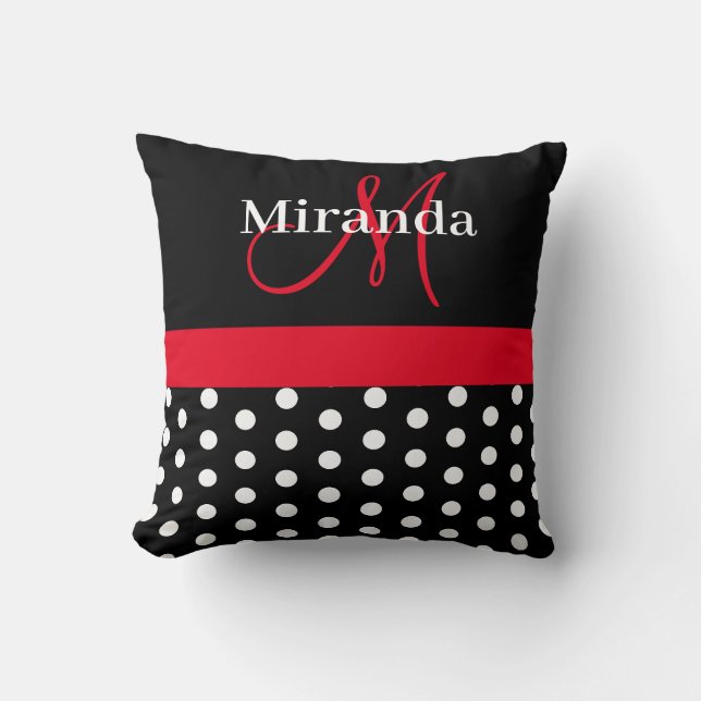 Black White Red Monogram Script Polka Dots Kussen (Voorkant)