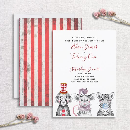 Black White Red Script Circus 1st Birthday Party Kaart