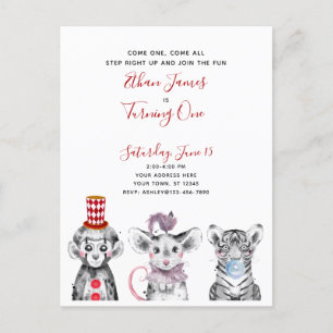 Black White Red Script Circus 1st Birthday Party Uitnodiging Briefkaart