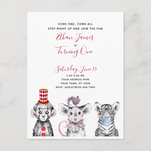 Black White Red Script Circus 1st Birthday Party Uitnodiging Briefkaart (Voorkant)