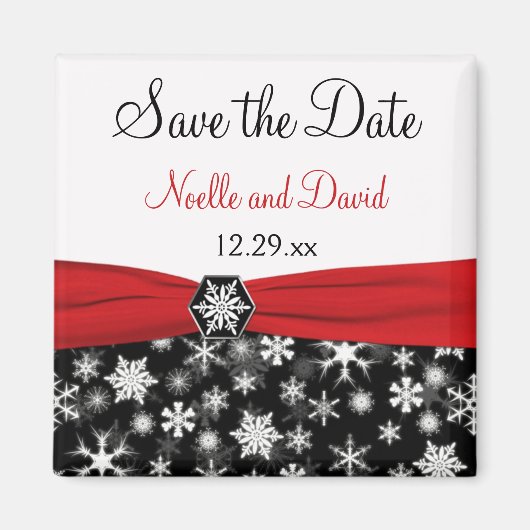Black, White, Red Snowflakes Save the Date Magnet (Devant)