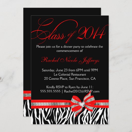 Black White Red Zebra 2014 Afstuderen Uitnodiging (Voorkant / Achterkant)