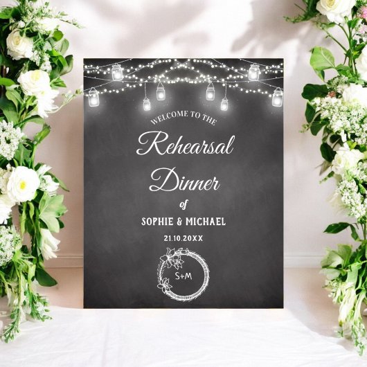 Black White Rehearsal Dinner String Lights Poster