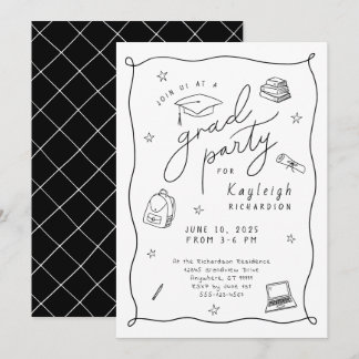 Black White Retro Main Tirée Grad Party Invitation