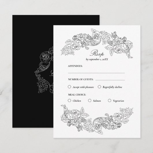 Black & White Rococo Meal Choice RSVP Card (Devant / Derrière)