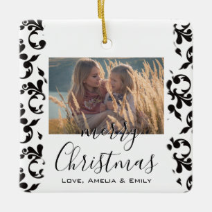 Black White Rococo Merry-kerstscript Foto Keramisch Ornament